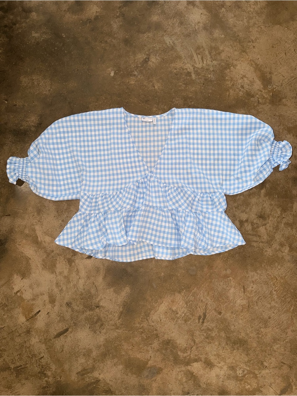 ASOS Blue Gingham Puff Sleeve Peplum Blouse Size 4 Oversized Cottagecore NWOT - Picture 1 of 11